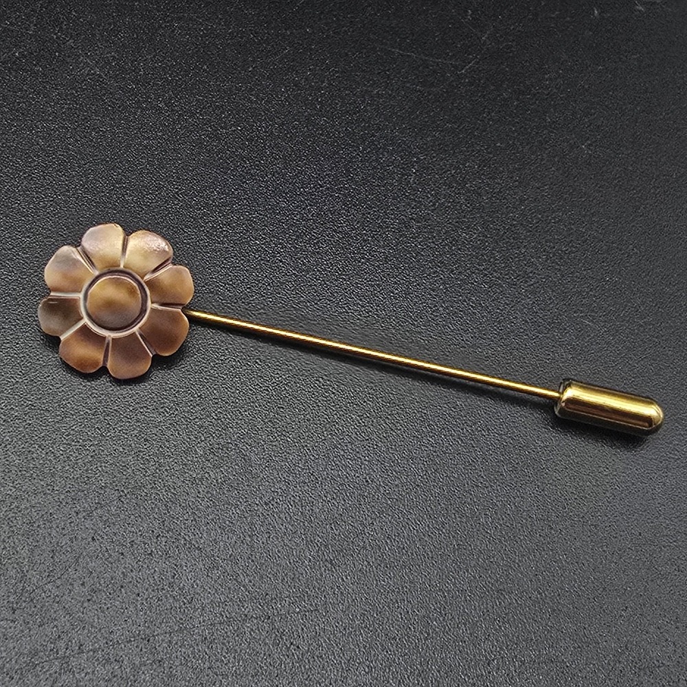 Brown Carved Shell Flower Stick Pin Gold Tone Vintage Costume Jewelry